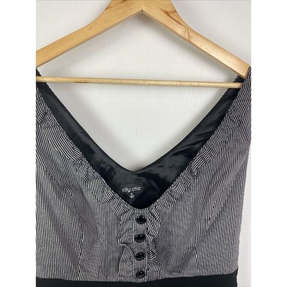 City Chic Size M Womens Pencil Dress Black Silver Pin Striped Bust Ruffle Button - Picture 5 of 8